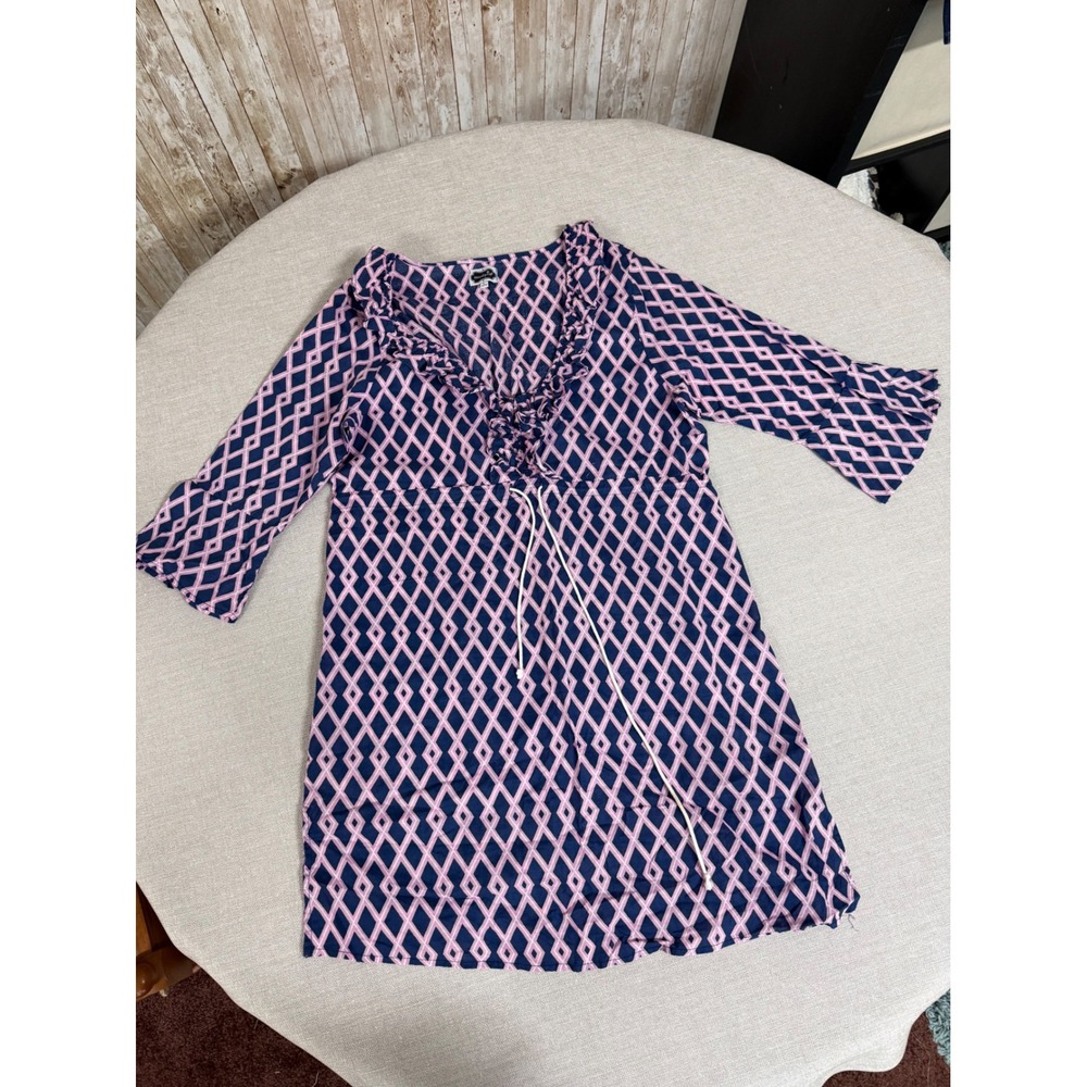 Mud Pie Pink Navy Geometric Diamond Ruffle V-Neck Cotton Tunic Cover Up Large